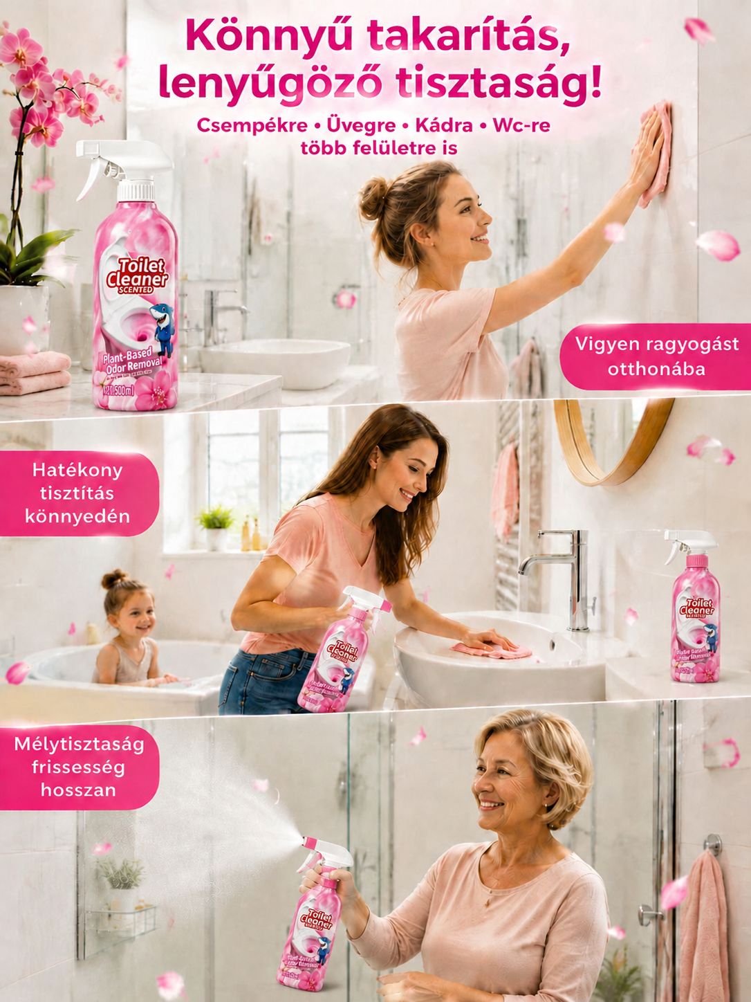 [Limitált Félár] Rózsaszín Habzó Tisztító Spray (460g) - Dörzsölés Nélküli Vízkő- és Penészoldó (pH 7.0 Csempevédelem)