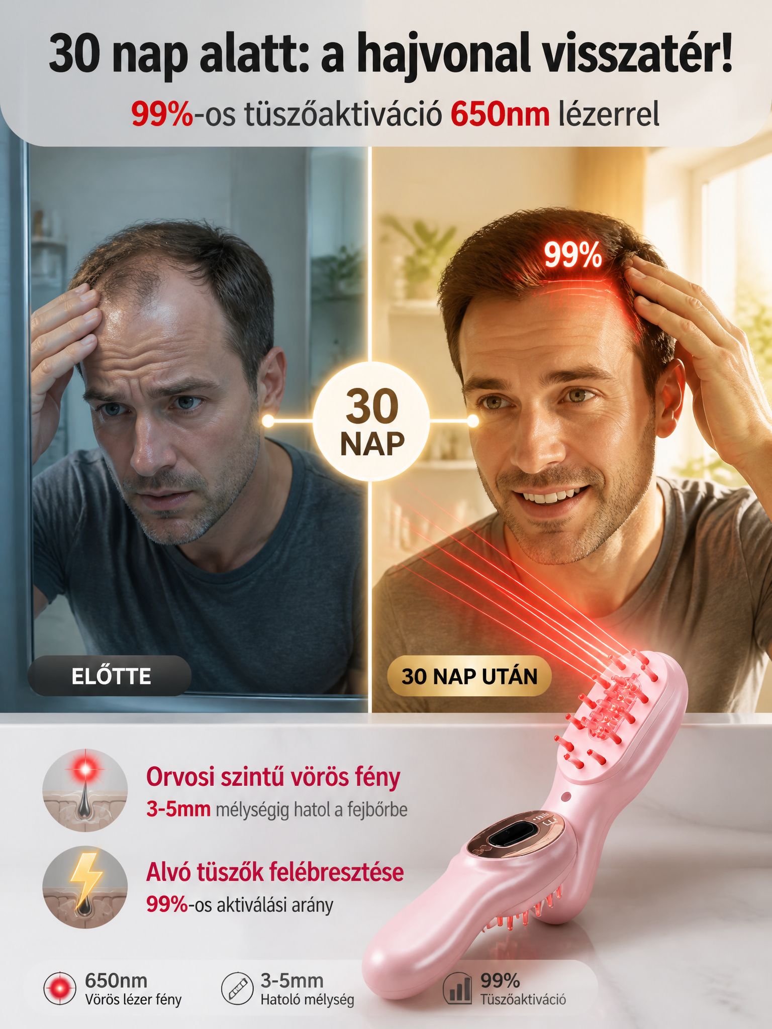 Német Precíziós Hajnövesztő és Fejbőr Masszírozó Fésű - Dúsabb haj 8 hét alatt!