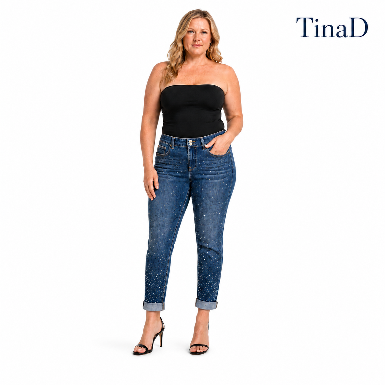 TinaD 4-Way Stretch Sparkle Tummy Control Cuffed Jeans