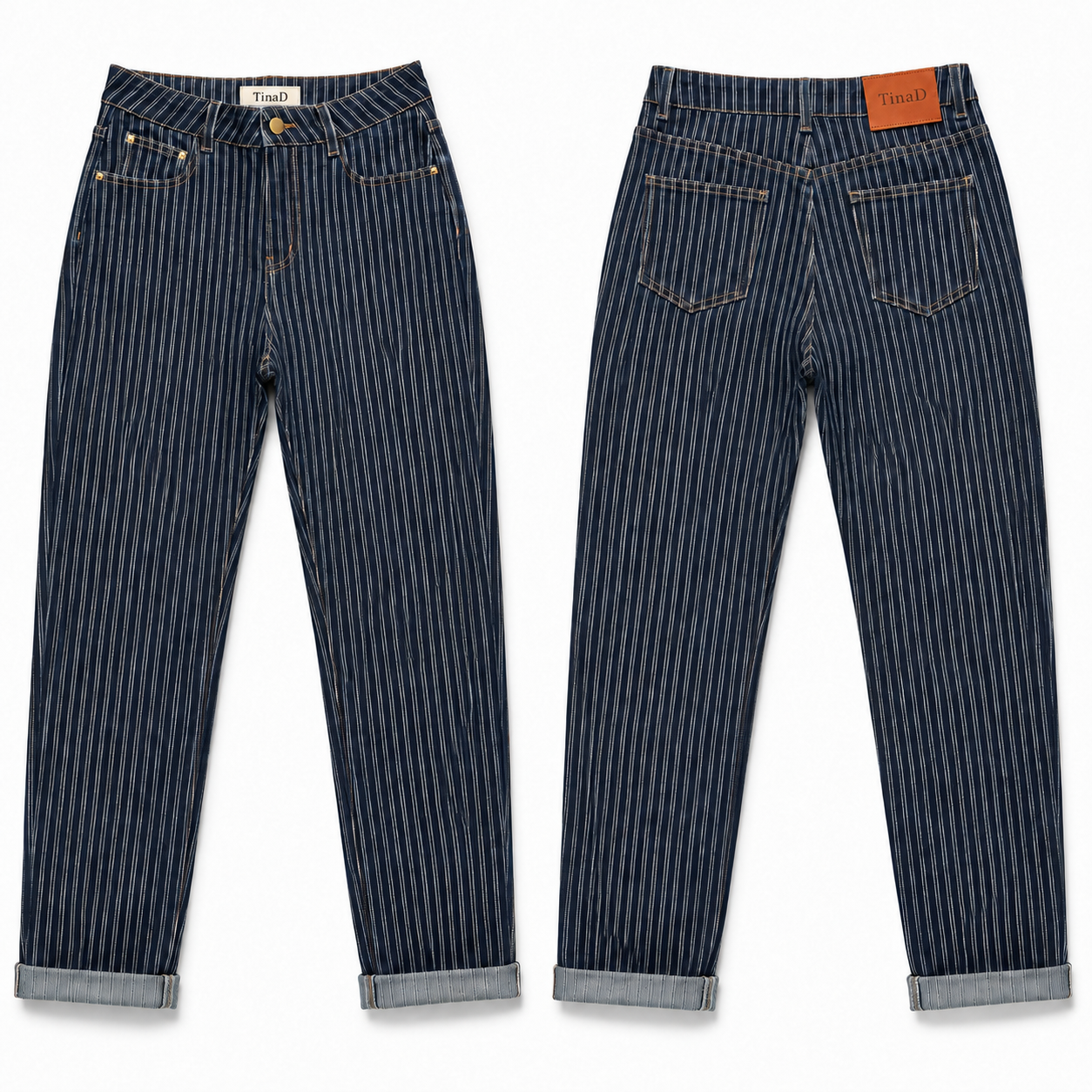 TinaD 4-Way Stretch Striped Tummy Control Cuffed Jeans