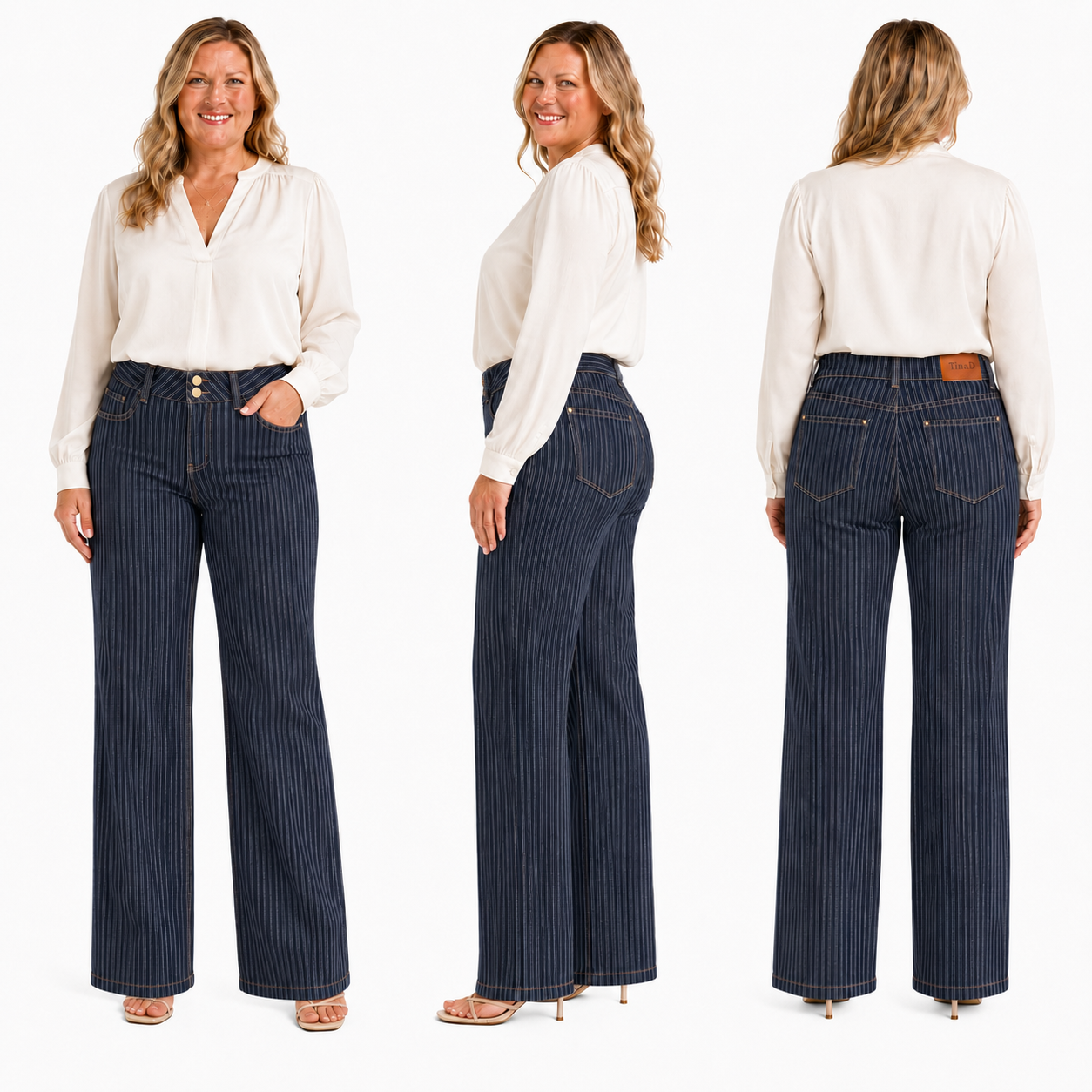 TinaD Striped Double Button Tummy Control Wide Leg Jeans