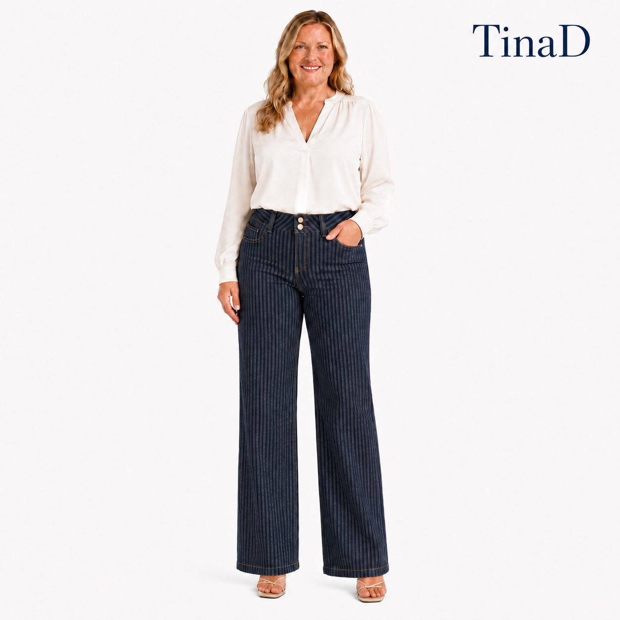 TinaD Striped Double Button Tummy Control Wide Leg Jeans