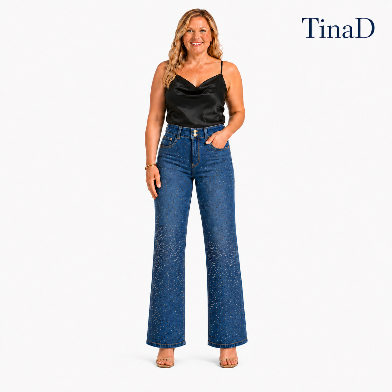 TinaD Sparkle Double Button Tummy Control Wide Leg Jeans