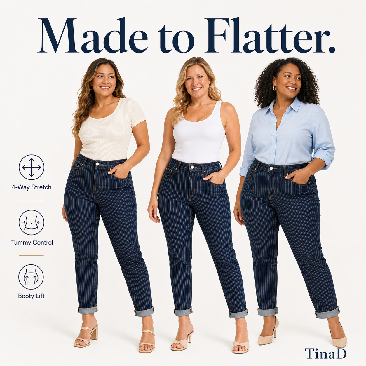 TinaD 4-Way Stretch Striped Tummy Control Cuffed Jeans