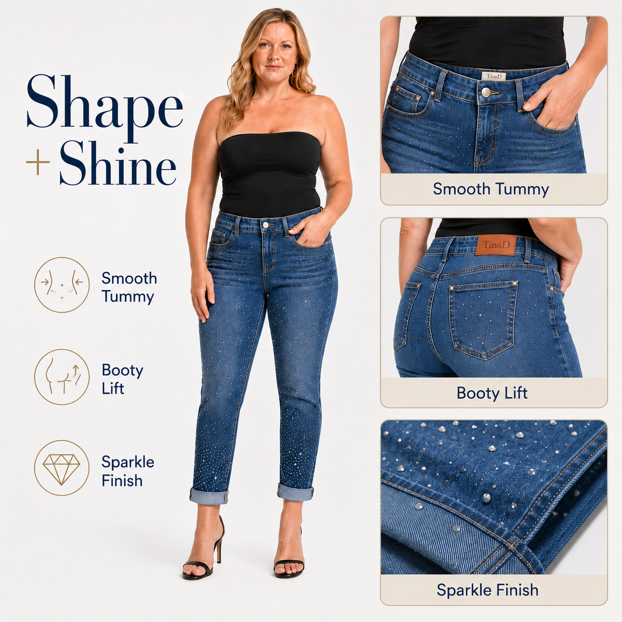 TinaD 4-Way Stretch Sparkle Tummy Control Cuffed Jeans