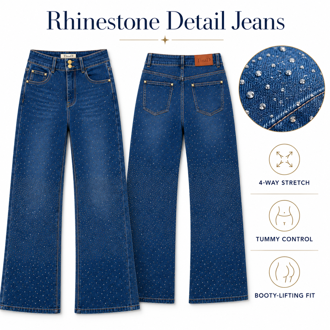 TinaD Sparkle Double Button Tummy Control Wide Leg Jeans