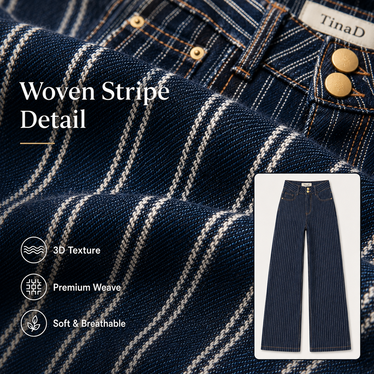 TinaD Striped Double Button Tummy Control Wide Leg Jeans