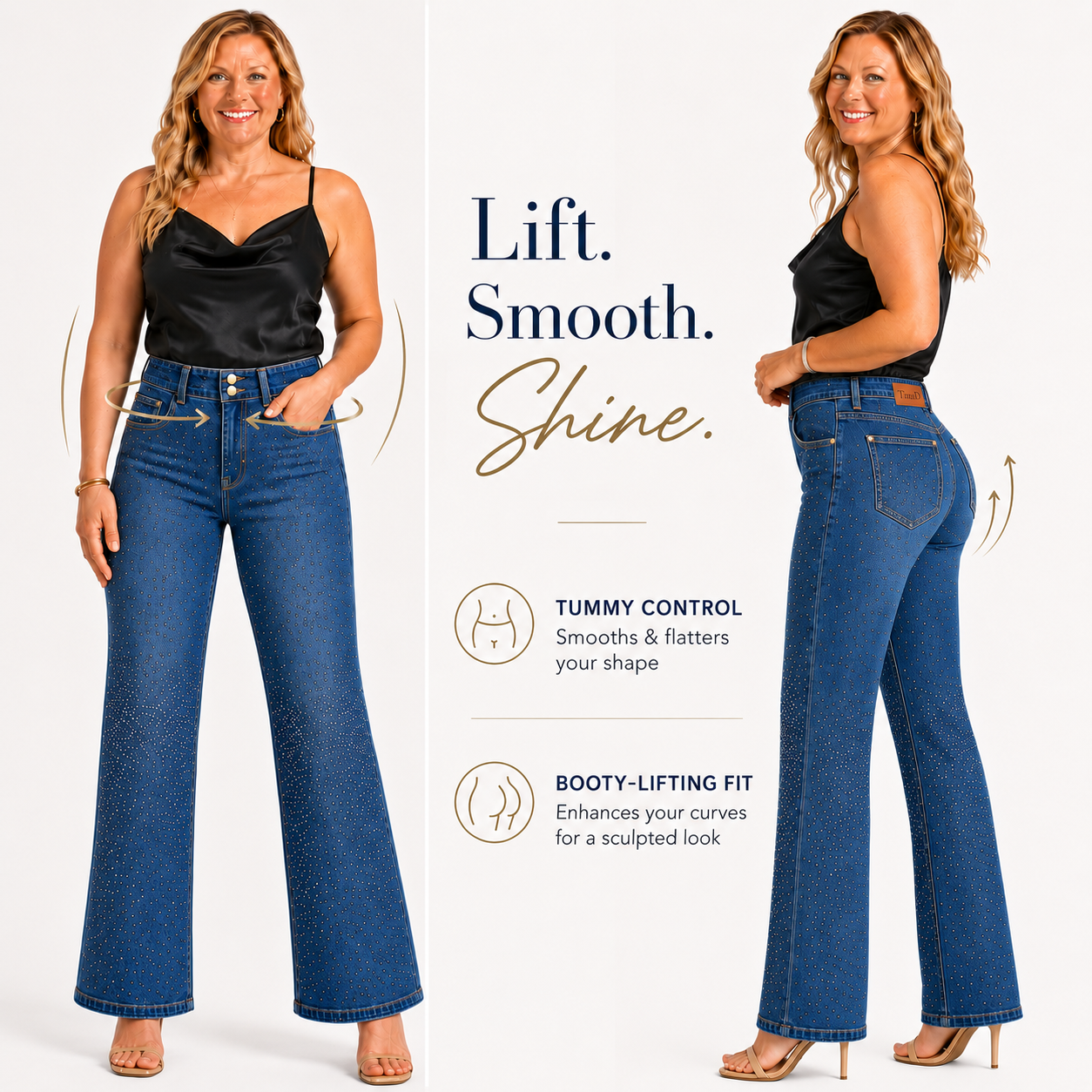 TinaD Sparkle Double Button Tummy Control Wide Leg Jeans