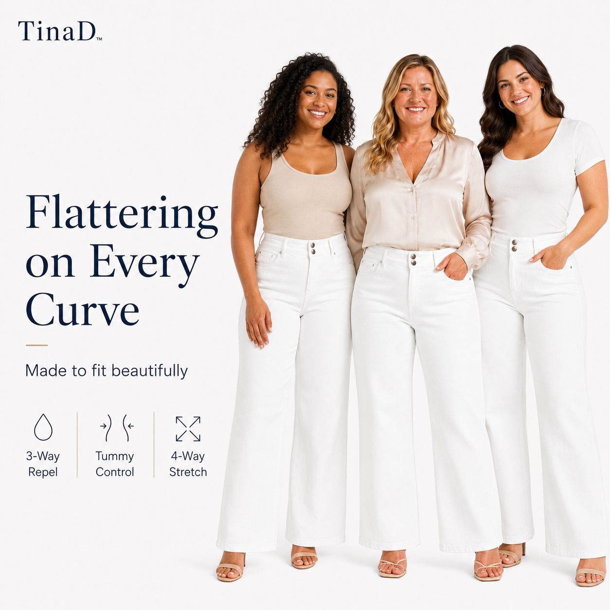 TinaD 3-Way Repel Double Button Tummy Control Wide Leg Jeans