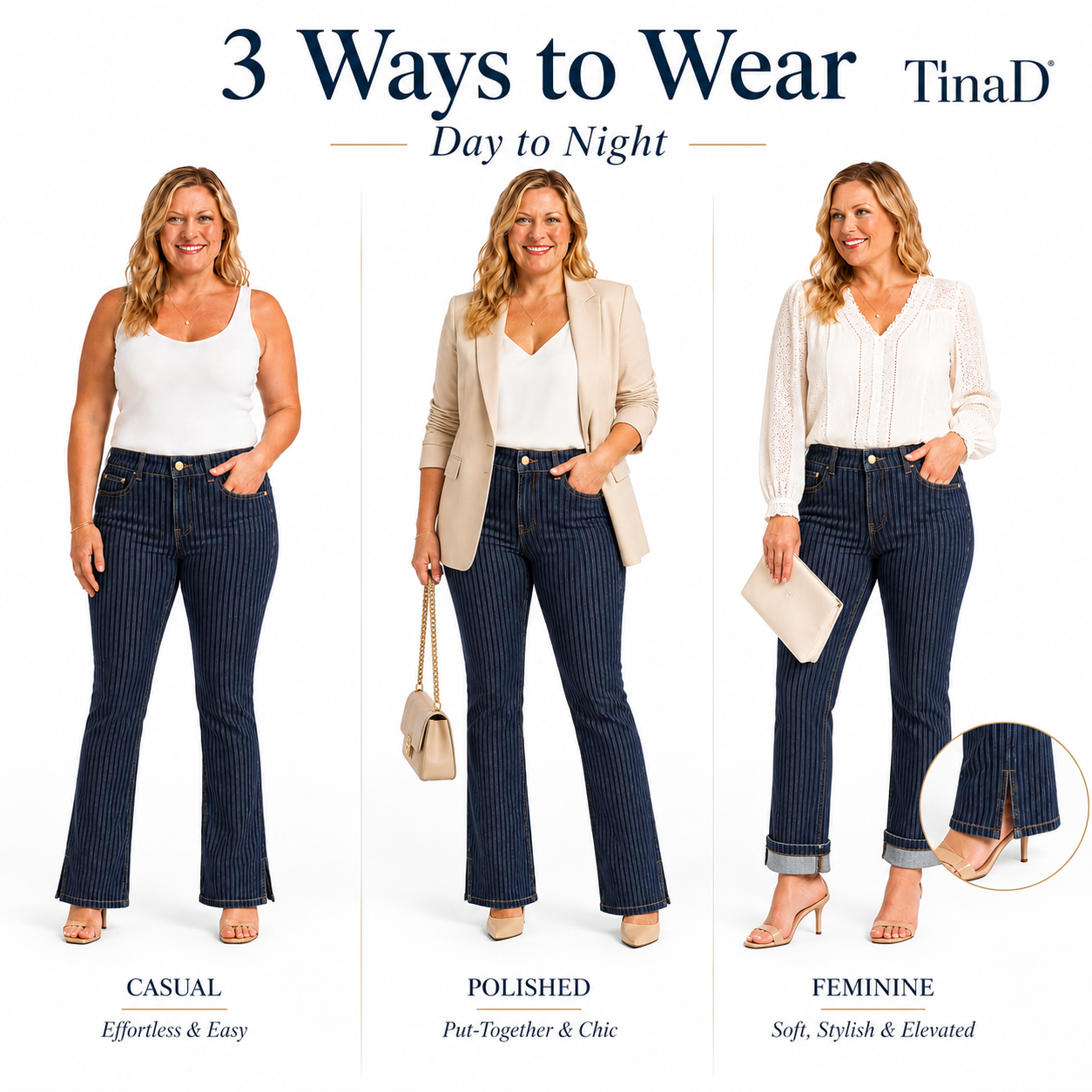 TinaD Striped 4-Way Stretch Tummy Slim Fit Bootcut Jeans