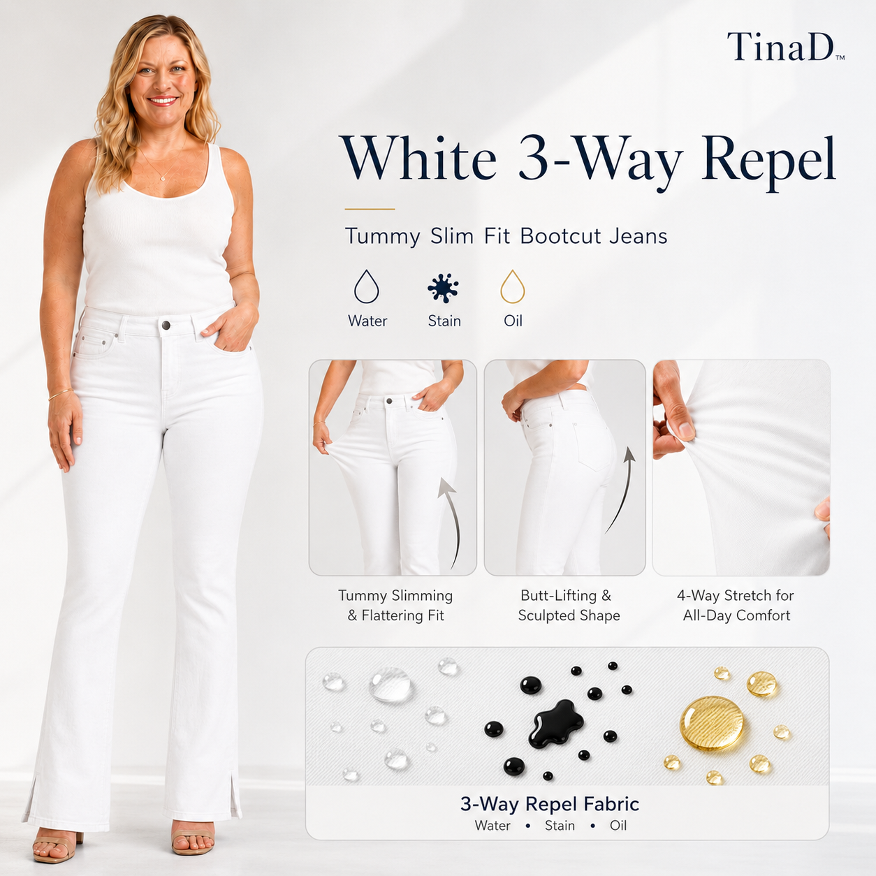 TinaD White 3-Way Repel Tummy Slim Fit Bootcut Jeans