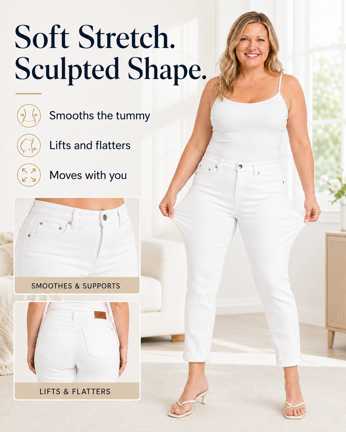 White 3-Way Repel Tummy Control Cuffed Jeans