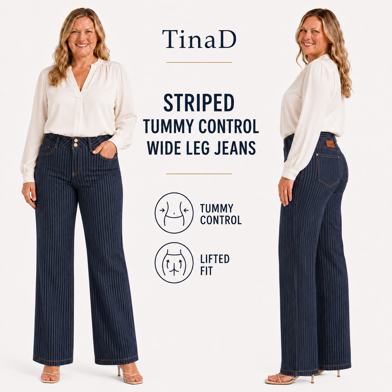 TinaD Striped Double Button Tummy Control Wide Leg Jeans