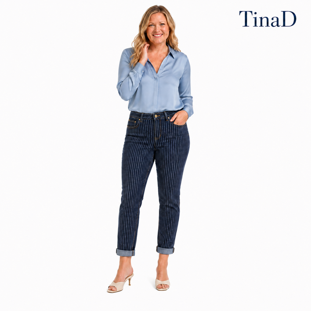 TinaD 4-Way Stretch Striped Tummy Control Cuffed Jeans