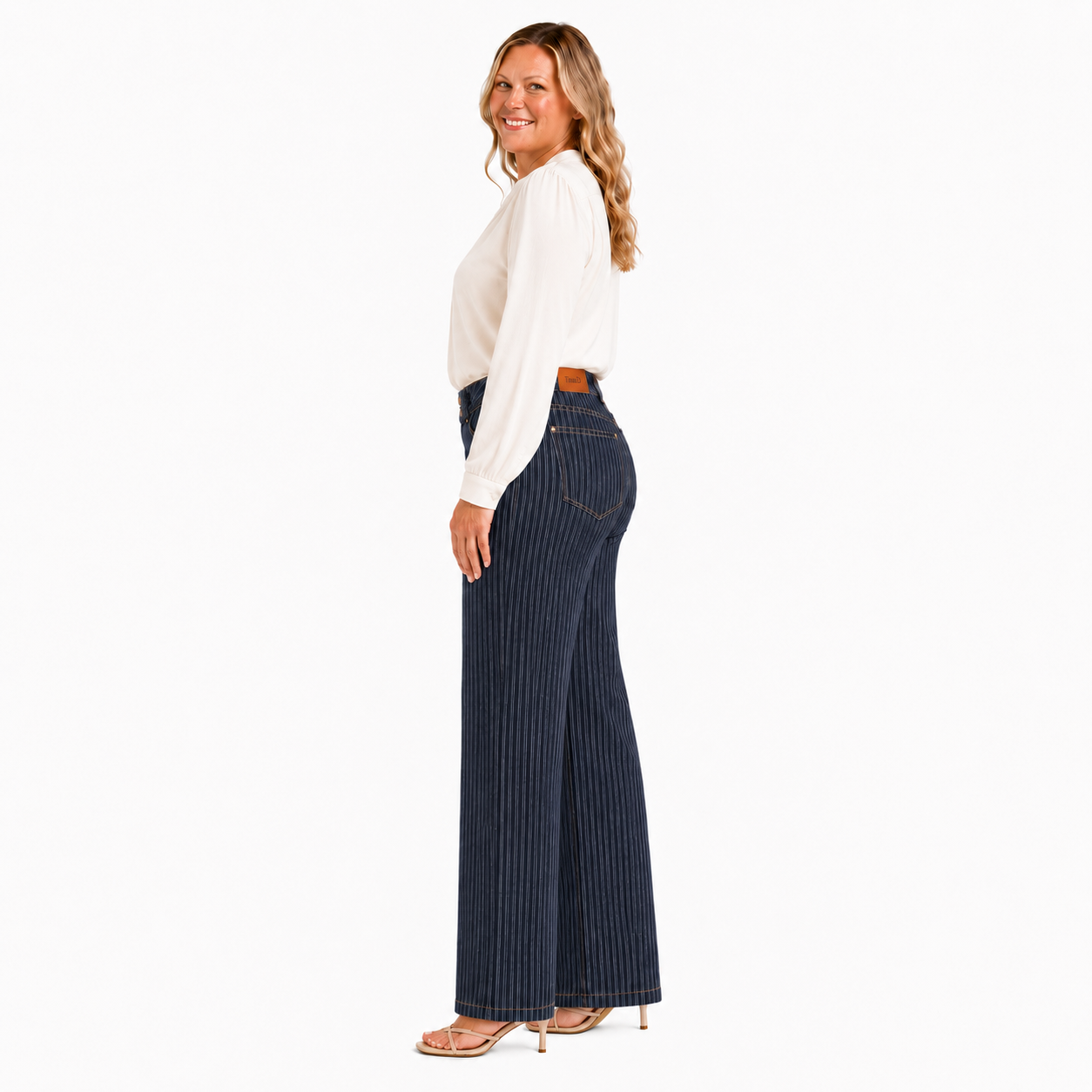 TinaD Striped Double Button Tummy Control Wide Leg Jeans
