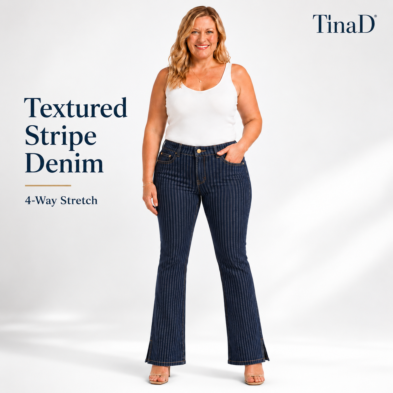 TinaD Striped 4-Way Stretch Tummy Slim Fit Bootcut Jeans