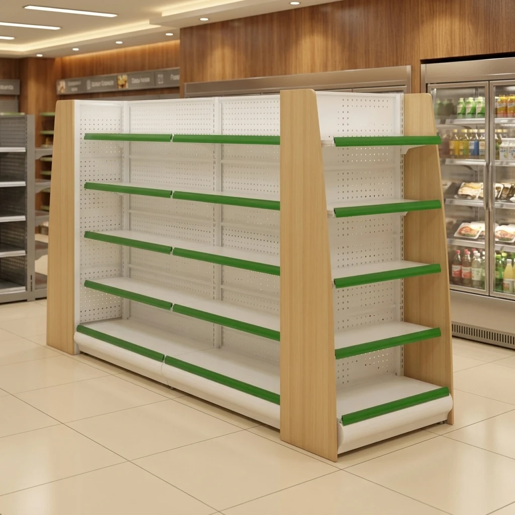 Steel and wood shelving for pharmacies
