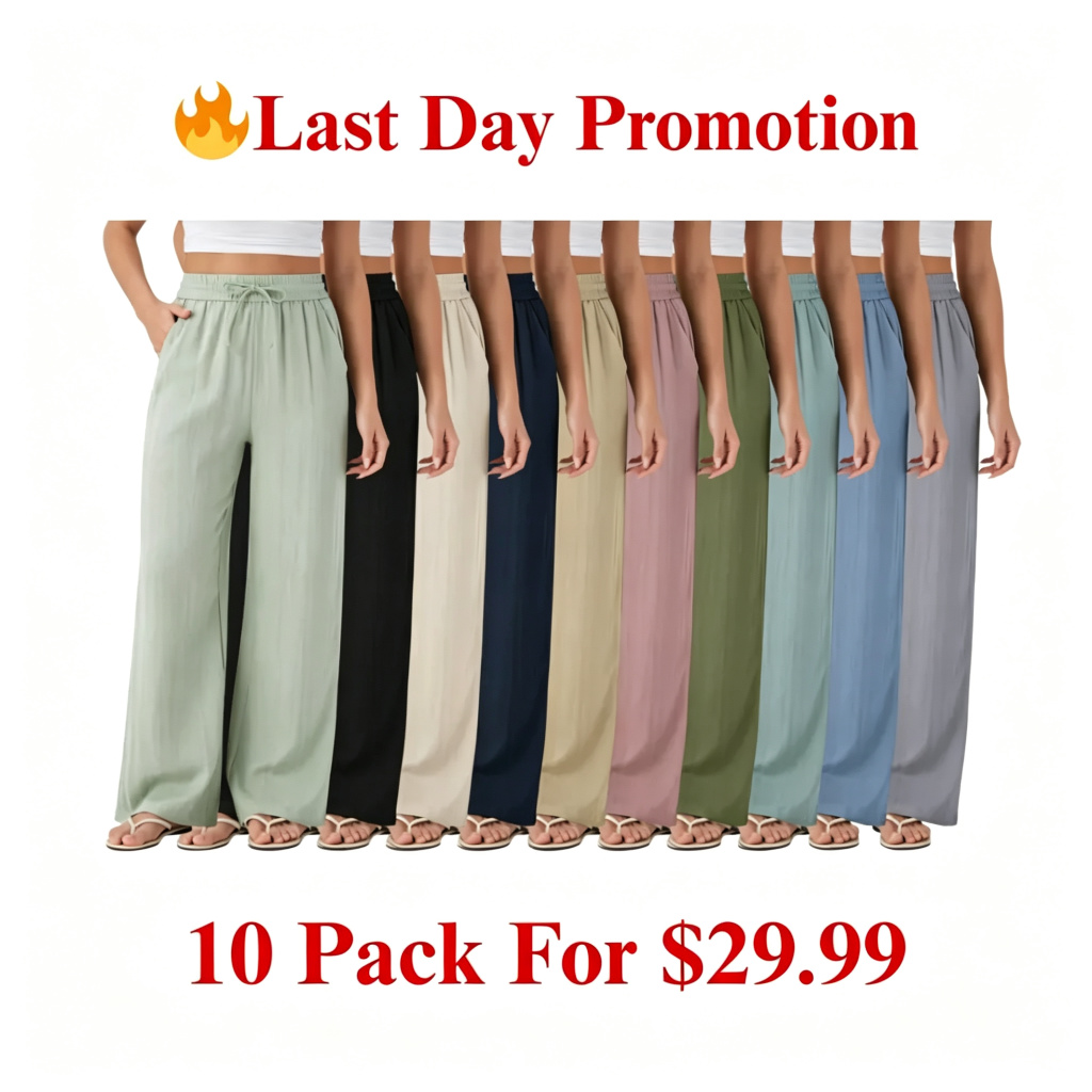 High Waisted Drawstring Pocket Wide Leg Casual Linen-Feel Pants