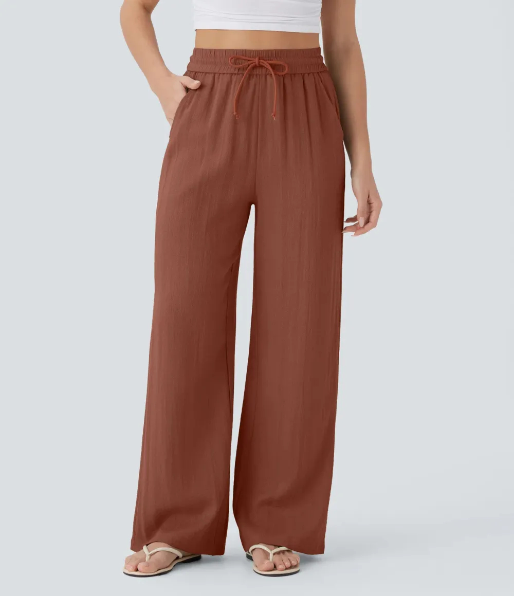 High Waisted Drawstring Pocket Wide Leg Casual Linen-Feel Pants