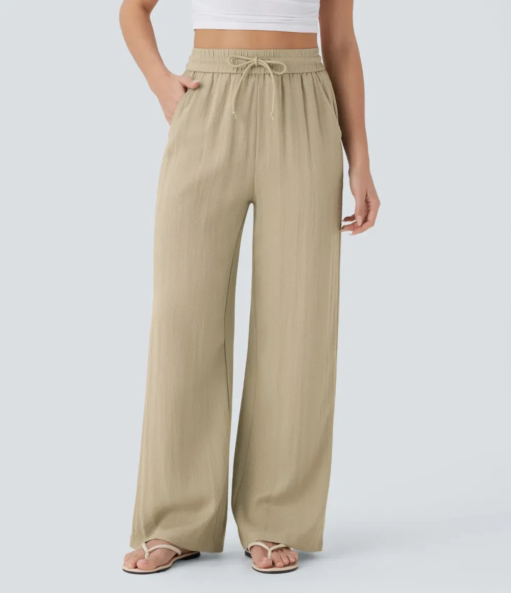 High Waisted Drawstring Pocket Wide Leg Casual Linen-Feel Pants