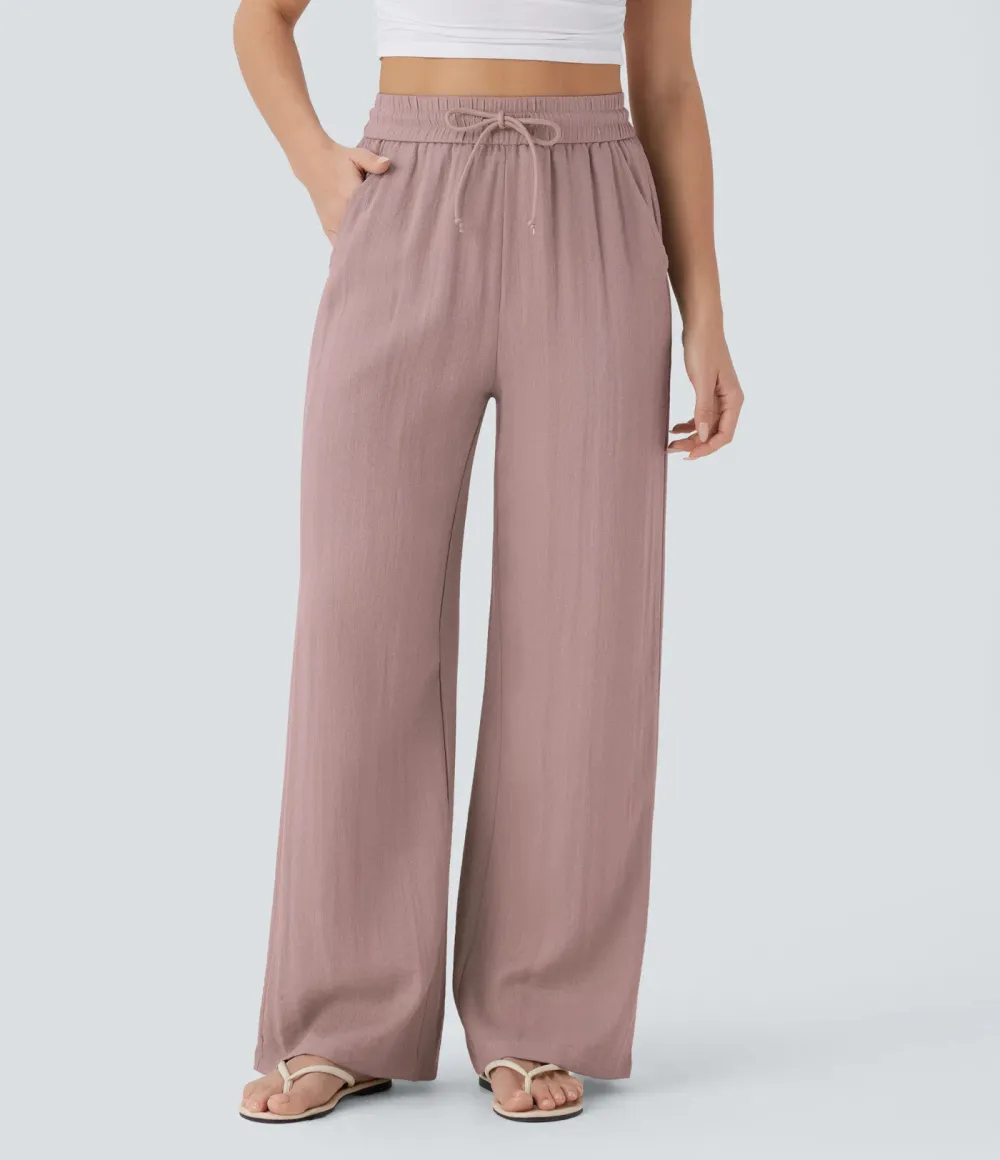 High Waisted Drawstring Pocket Wide Leg Casual Linen-Feel Pants