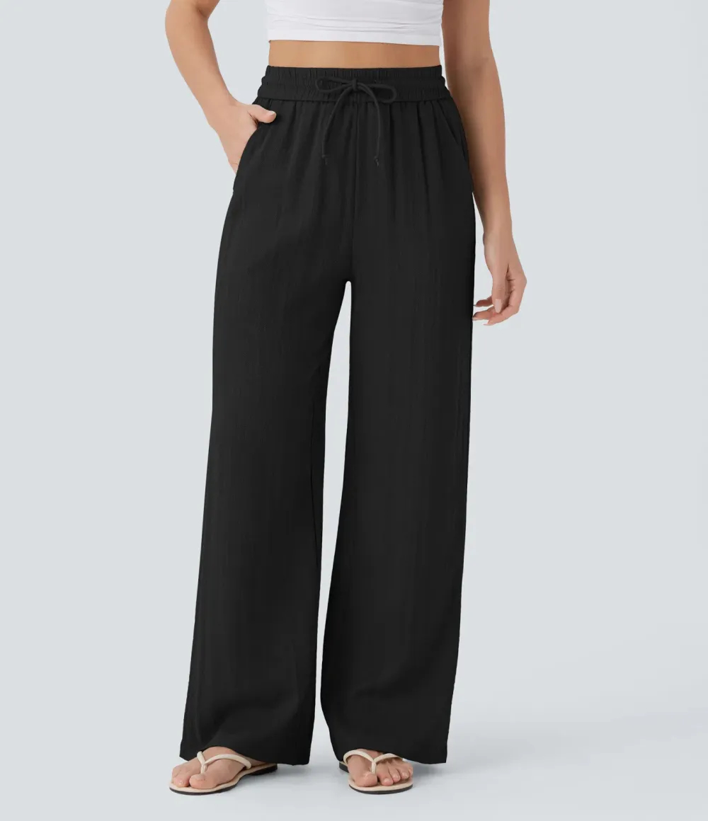 High Waisted Drawstring Pocket Wide Leg Casual Linen-Feel Pants