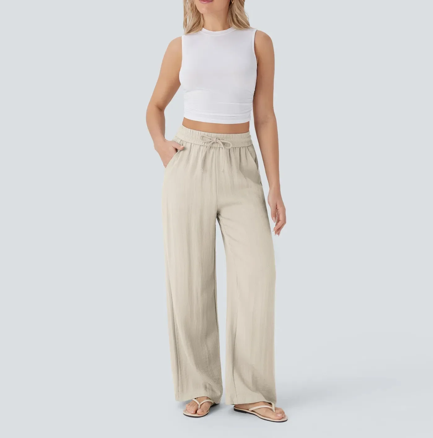 Casual linnen broek voor dames &ndash; hoge taille en wijde pijpen voor een luchtige, stijlvolle en comfortabele zomerse look.