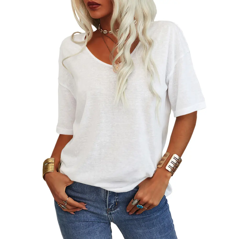 Women's Soft V Neck Half Sleeve Solid Loose Casual Top