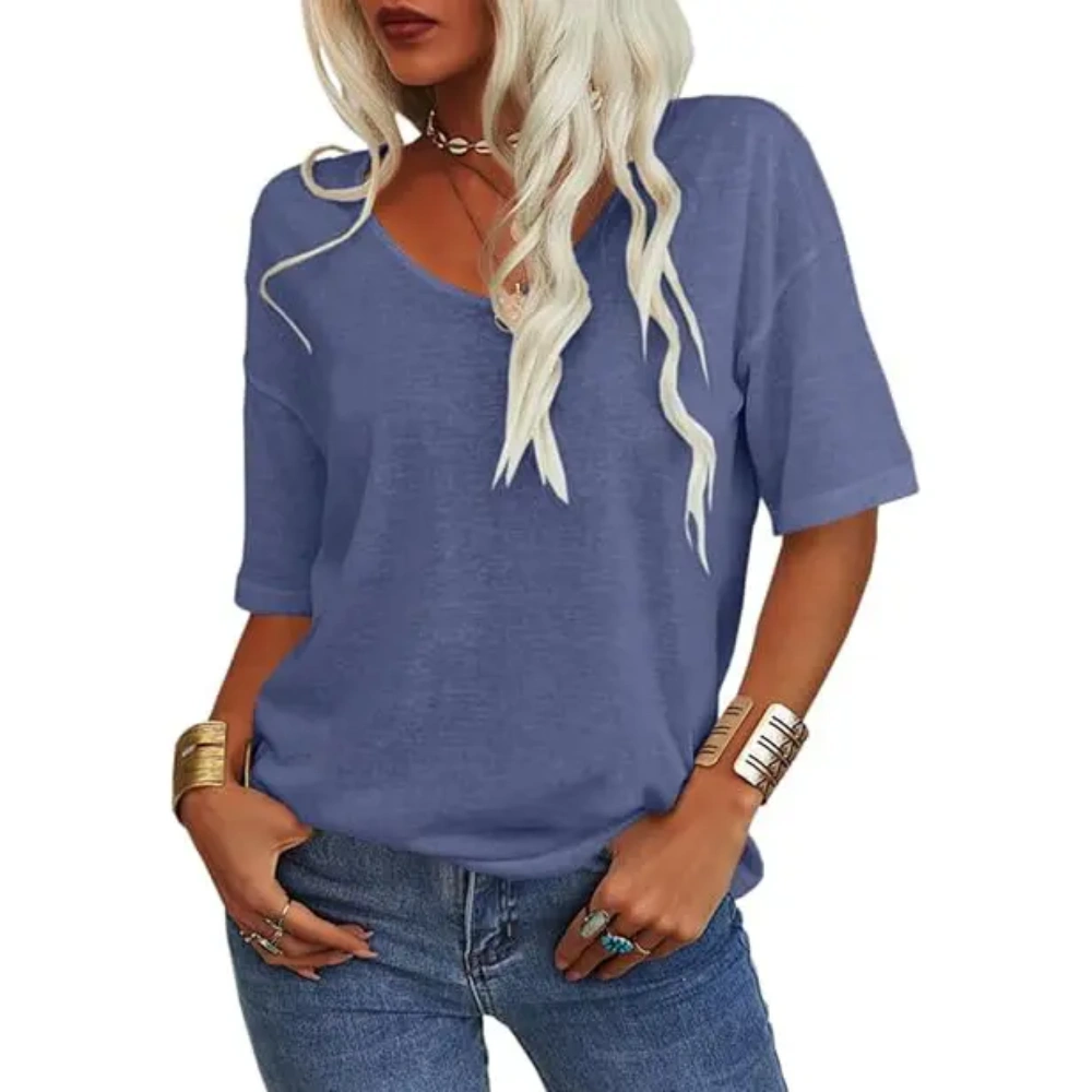 Women's Soft V Neck Half Sleeve Solid Loose Casual Top