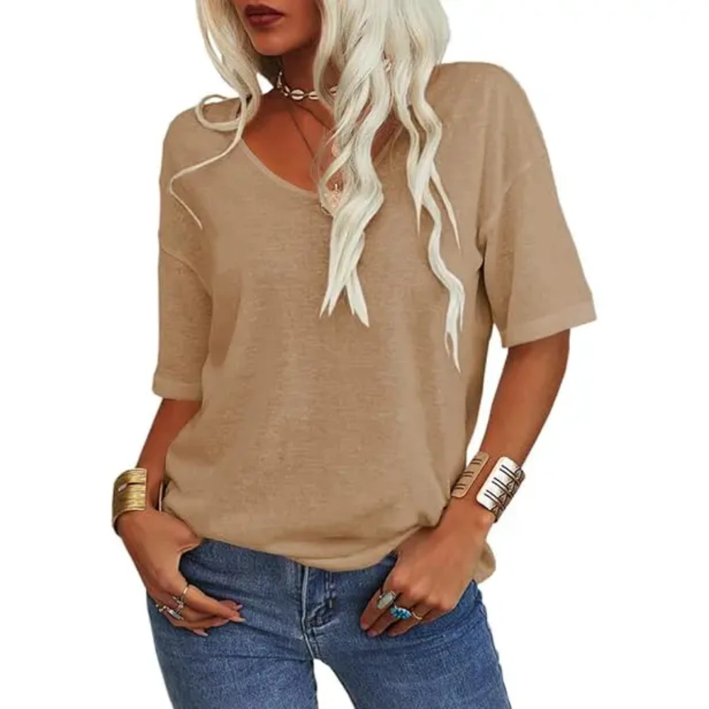 Women's Soft V Neck Half Sleeve Solid Loose Casual Top