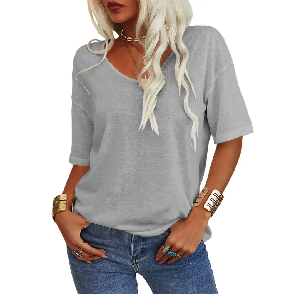 Women's Soft V Neck Half Sleeve Solid Loose Casual Top