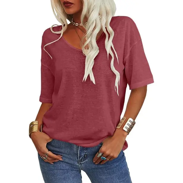 Women's Soft V Neck Half Sleeve Solid Loose Casual Top