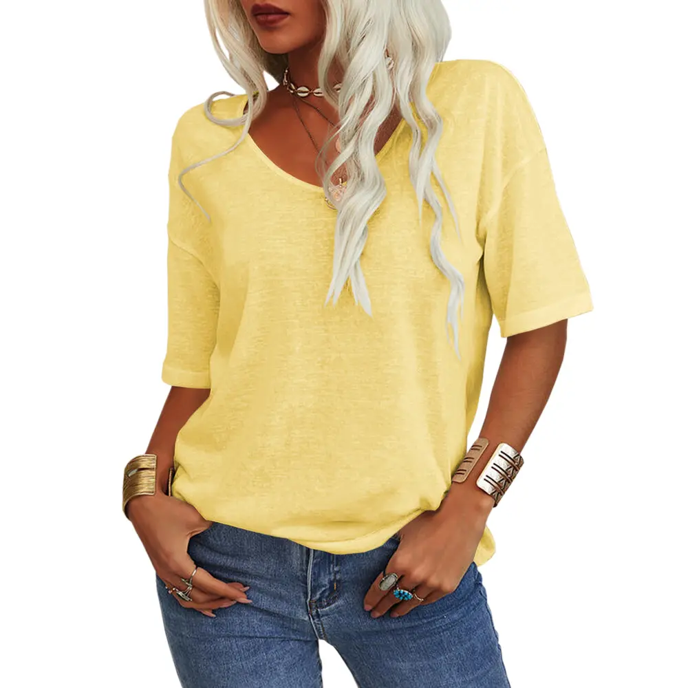 Women's Soft V Neck Half Sleeve Solid Loose Casual Top