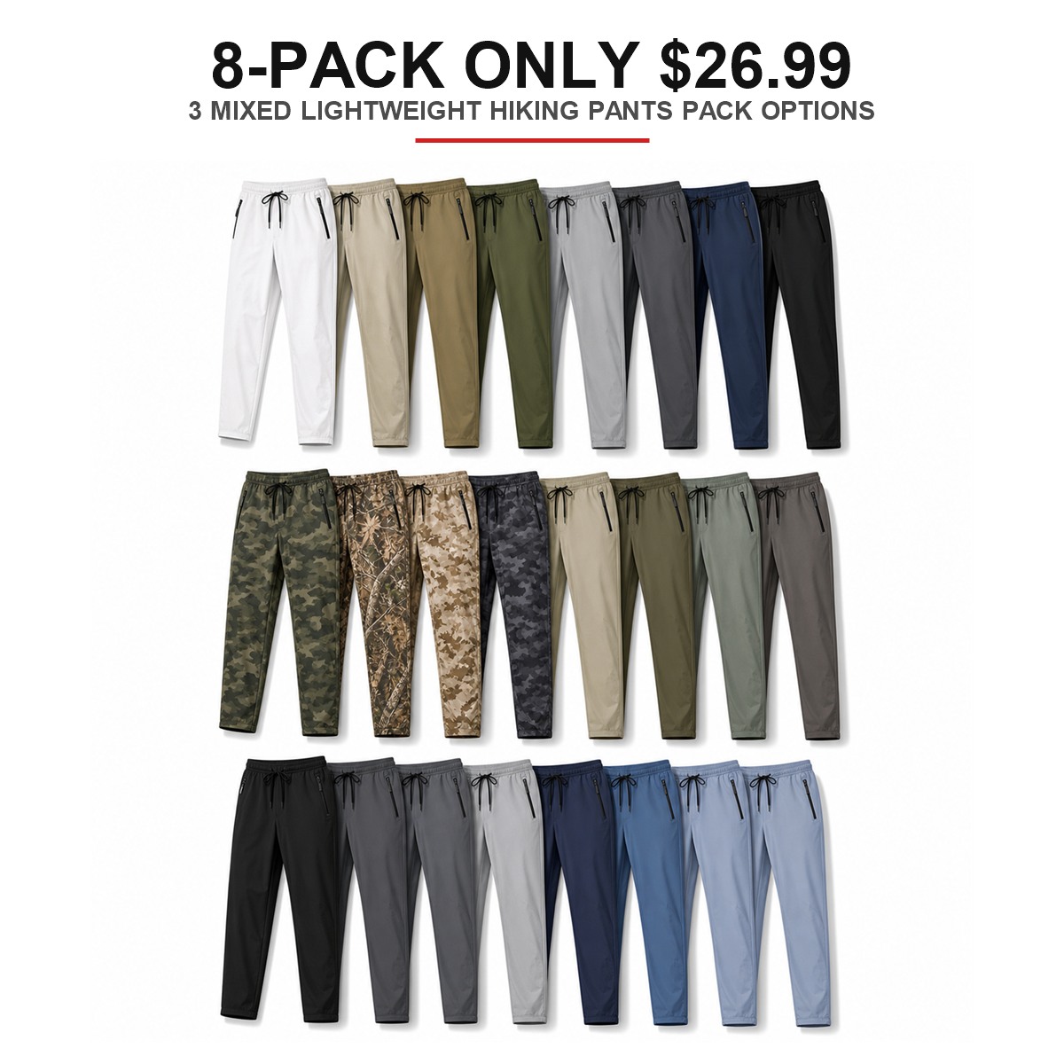 Men's Lightweight Hiking Jogger Pants 8-Pack Mixed Color Set