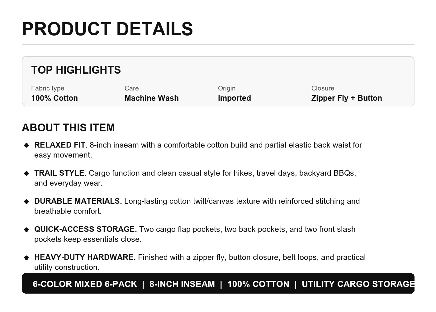 Men's Canvas Utility Hiker Shorts 6-Pack Mixed Color Set - 8