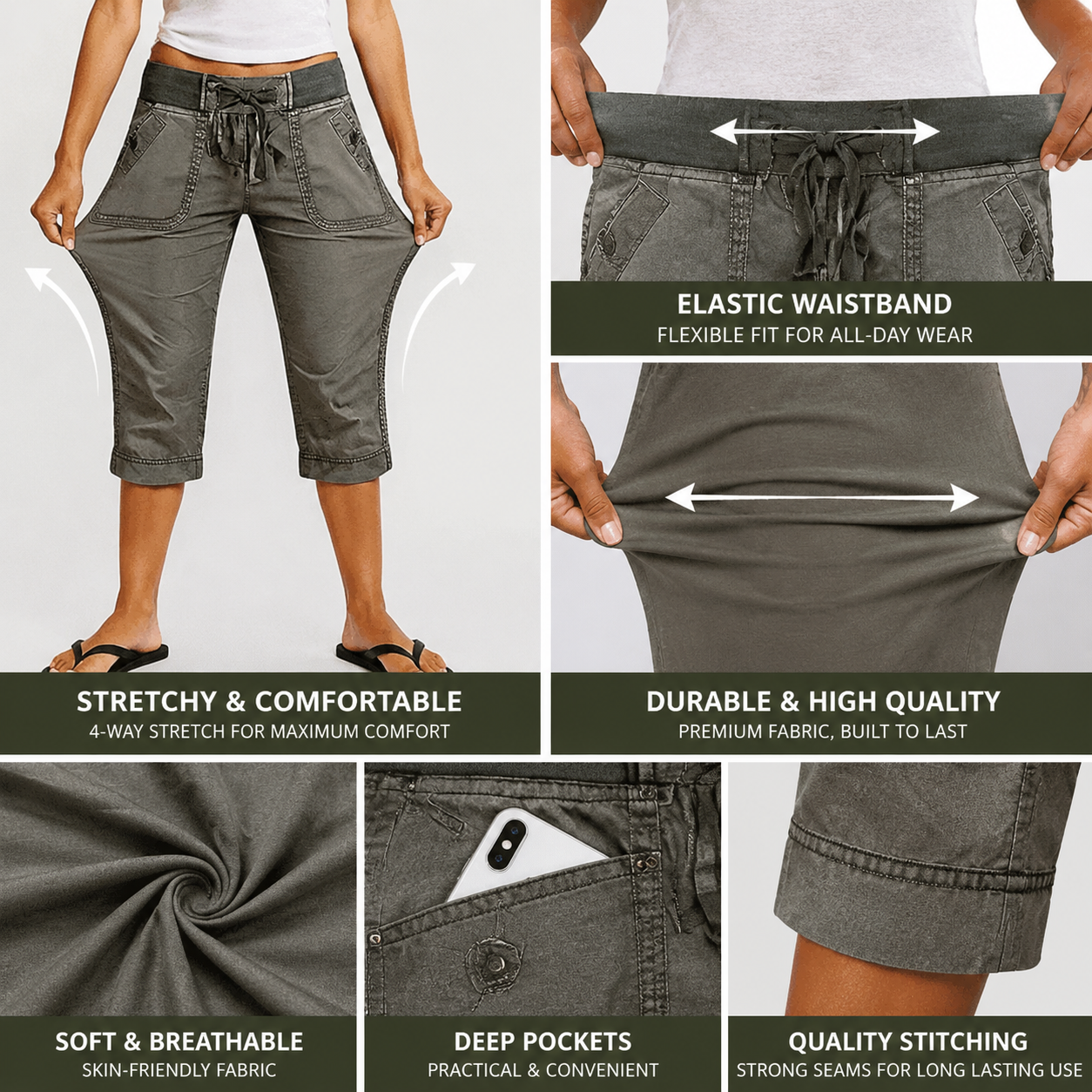 Drawstring & Button Straight-Leg 3/4 Pants