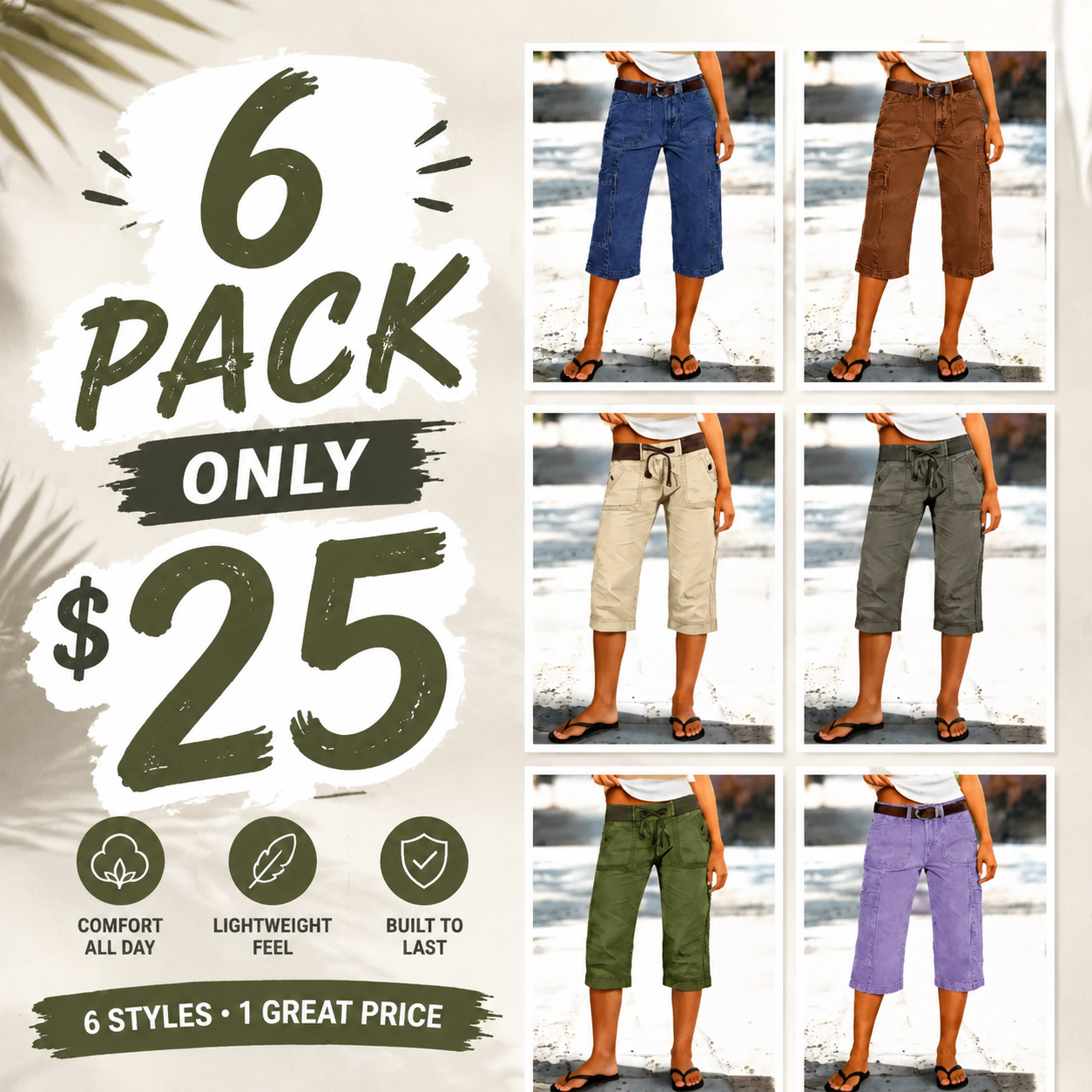 Drawstring & Button Straight-Leg 3/4 Pants