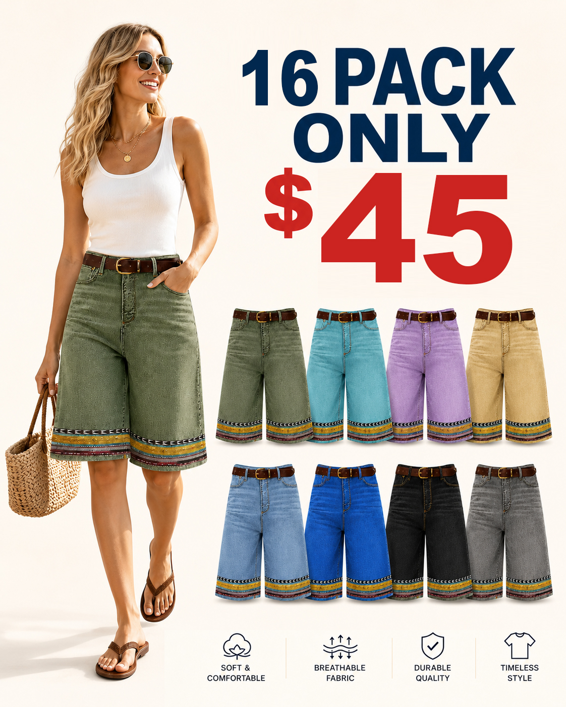 8 Pack for $29 Women’s Printed Hem Denim Bermuda Shorts