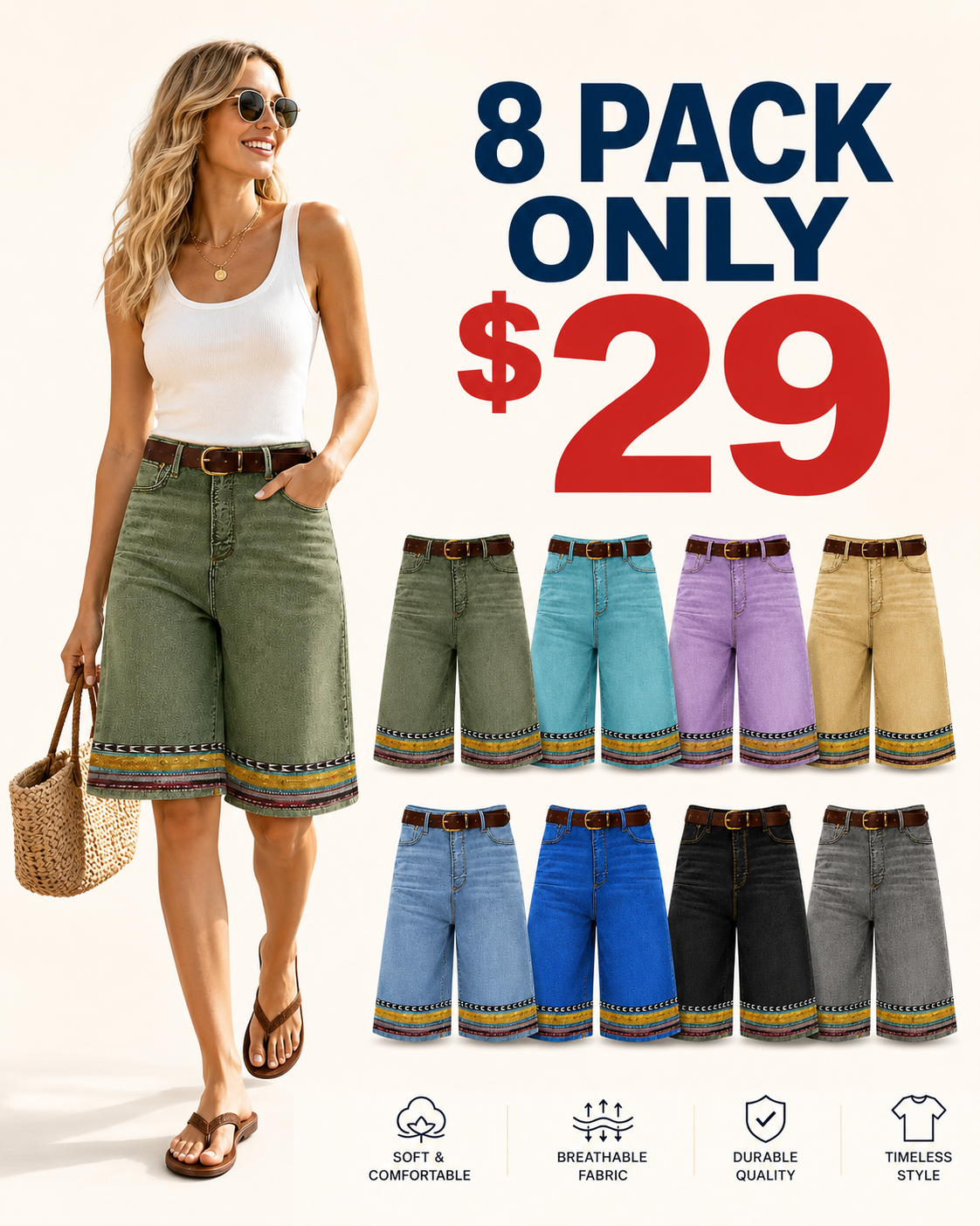 8 Pack for $29 Women’s Printed Hem Denim Bermuda Shorts