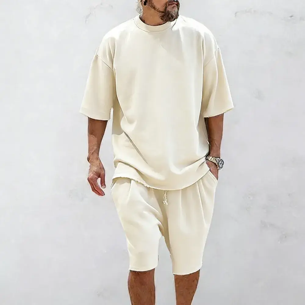 :8-Set Men's Oversized 2-Piece Outfits, Raw Edge Tee & Shorts, 8 Sets $24