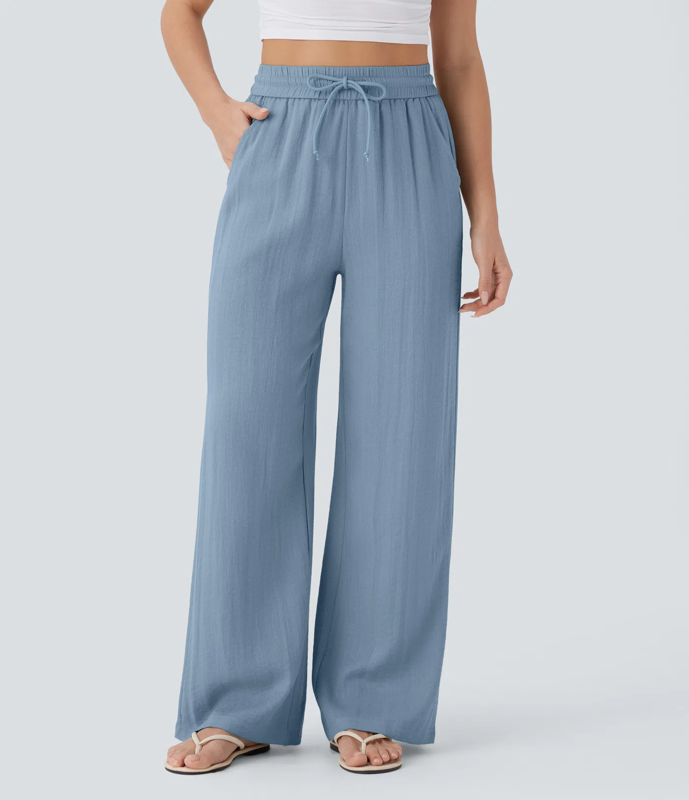 16 Pack for $38 High Waisted Drawstring Pocket Wide Leg Casual Linen-Feel Pants