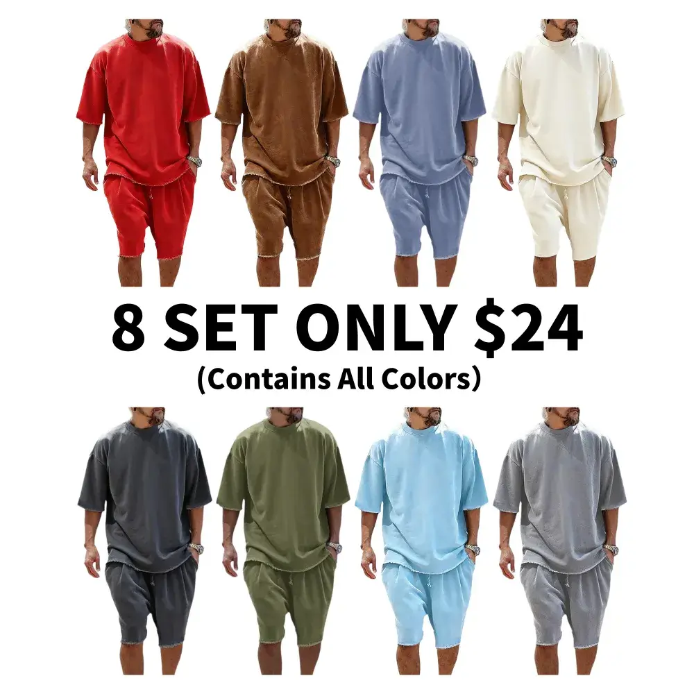:8-Set Men's Oversized 2-Piece Outfits, Raw Edge Tee & Shorts, 8 Sets $24