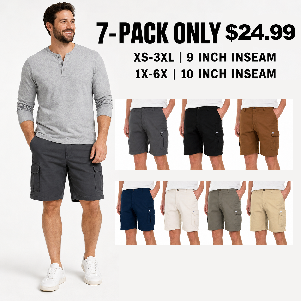 Men's Big & Tall Stretch Twill Cargo Shorts 8-Pack All Color Set