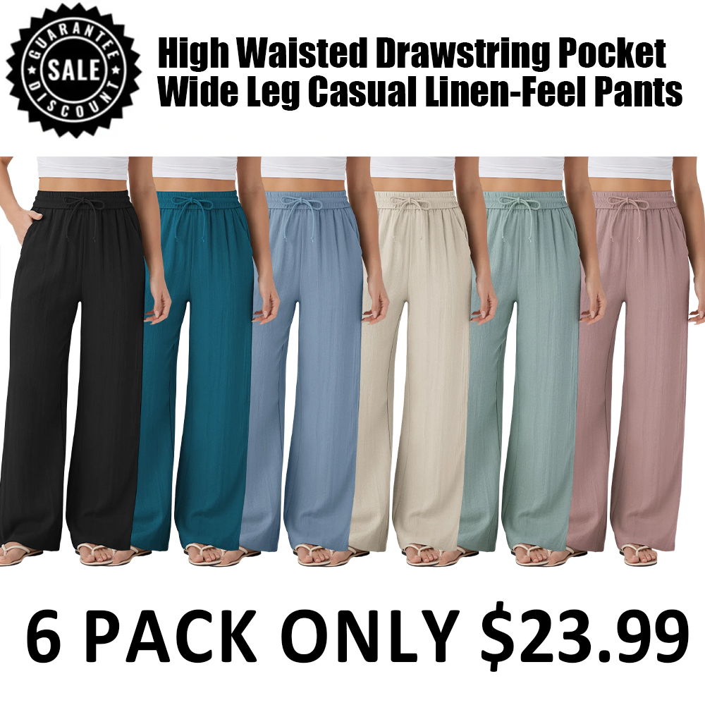 16 Pack for $38 High Waisted Drawstring Pocket Wide Leg Casual Linen-Feel Pants