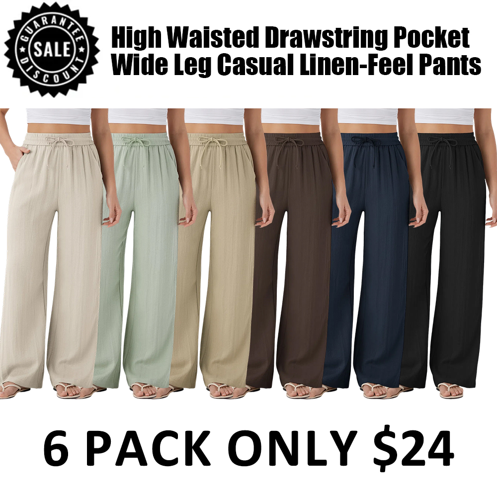 16 Pack for $38 High Waisted Drawstring Pocket Wide Leg Casual Linen-Feel Pants