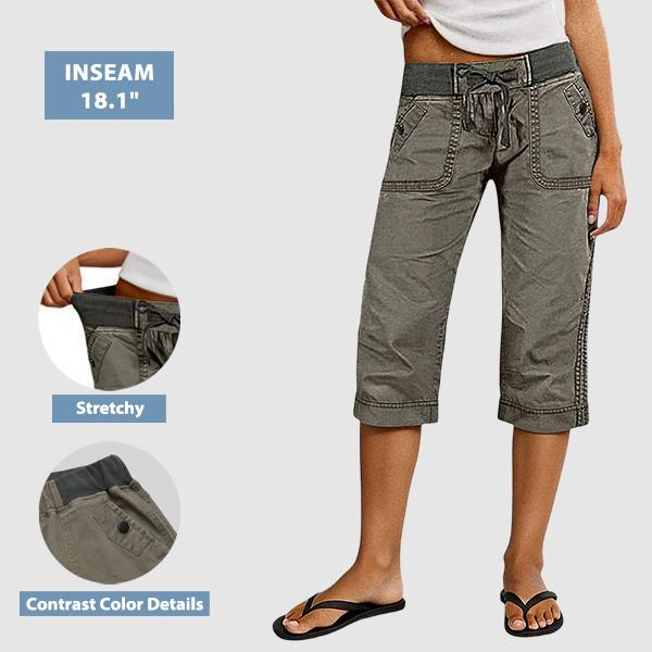 Drawstring & Button Straight-Leg 3/4 Pants