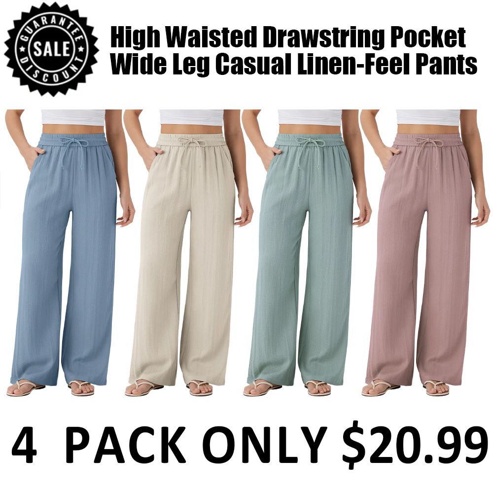 16 Pack for $38 High Waisted Drawstring Pocket Wide Leg Casual Linen-Feel Pants