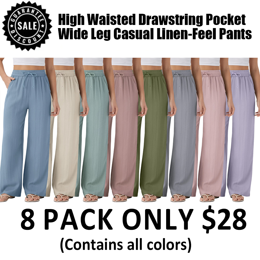 16 Pack for $38 High Waisted Drawstring Pocket Wide Leg Casual Linen-Feel Pants