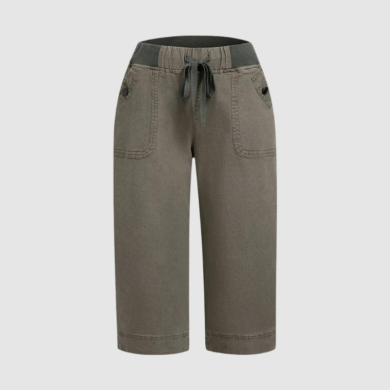 Drawstring & Button Straight-Leg 3/4 Pants