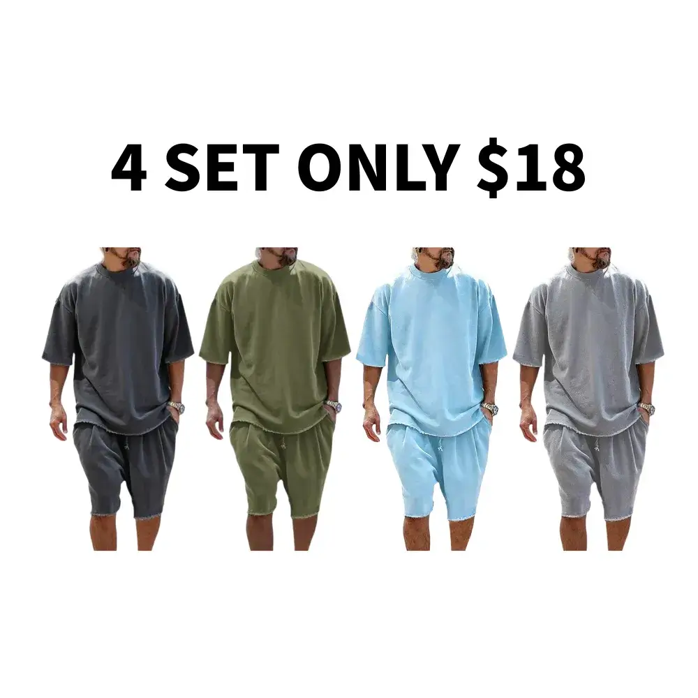 :8-Set Men's Oversized 2-Piece Outfits, Raw Edge Tee & Shorts, 8 Sets $24